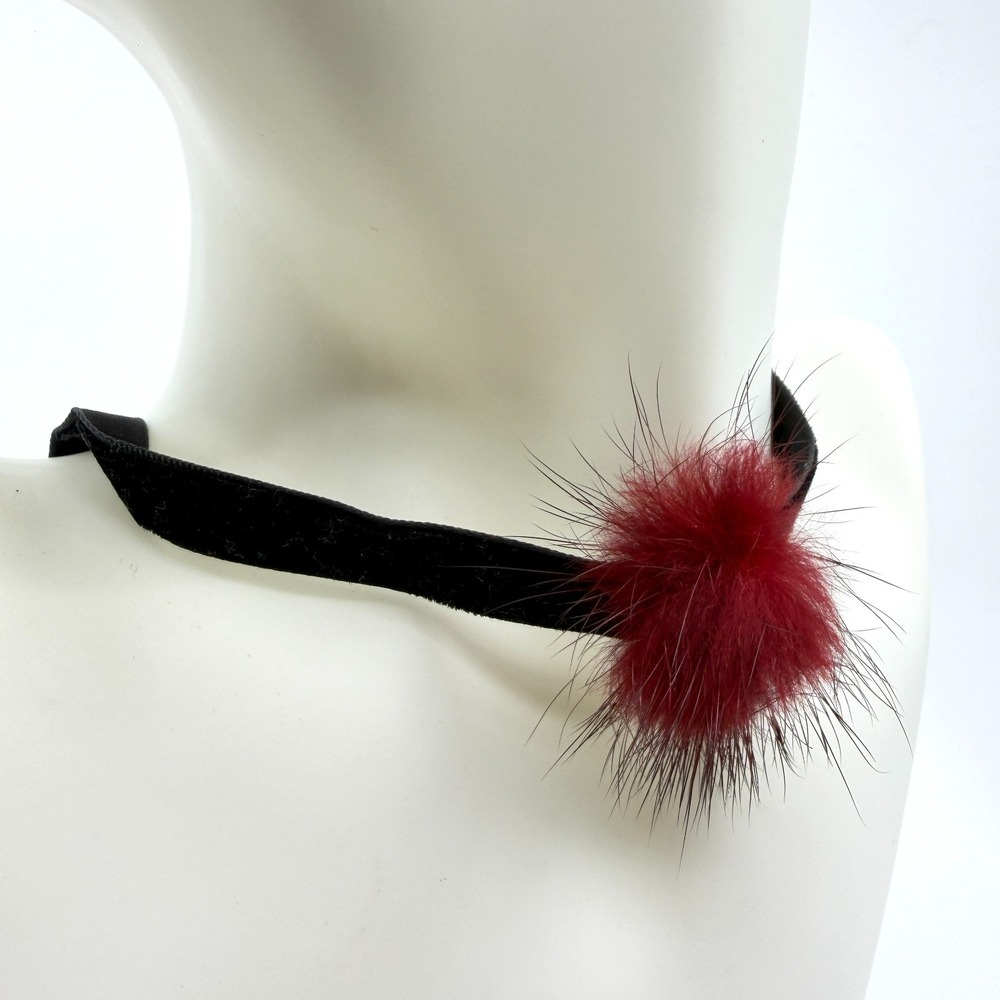 Red Fur Pom Pom Velvet Choker Necklace - Gothic Boho Statement Gift